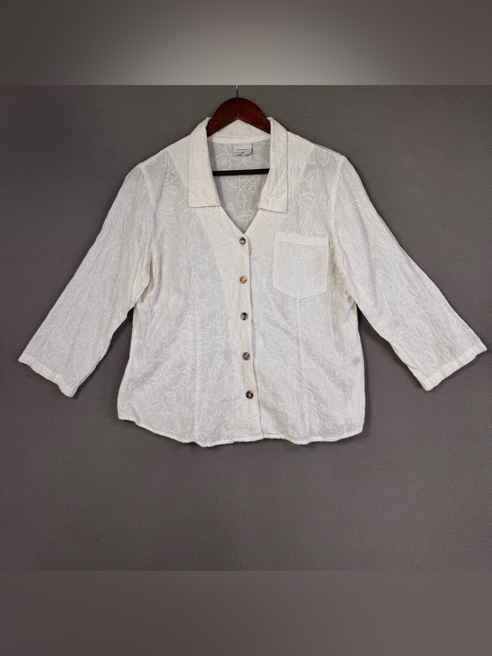 C.M.C. by Color Me Cotton Lightweight White Embroidered Button Women's Top, M